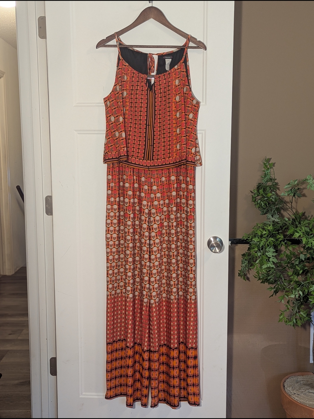 Cocomo Orange and Brown Patterned Halter Jumpsuit. Size Lrg. Boho. 70's Vibes.